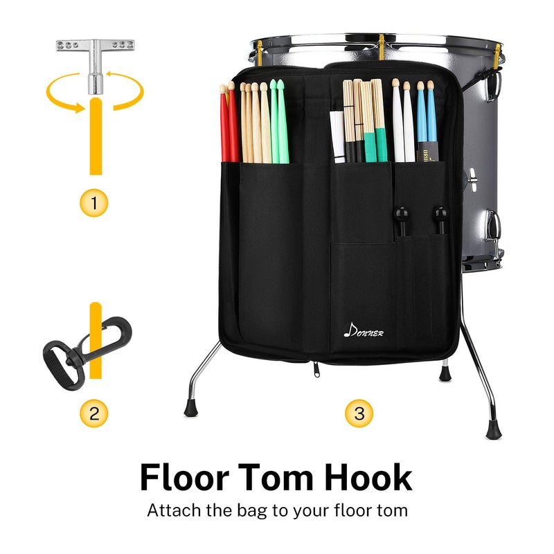 Donner Drumsticks Bag Holder Thickened Large Capacity Drum Sticks Bag Hangable Portable for Drumsticks Brushes Mallets Up to 12 Pairs, Black - Image 5